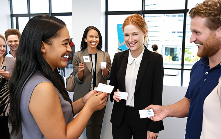 **
A diverse group of people participating in a networking event in New Zealand, with business cards being exchanged and smiles all around. Focus on a modern, bright office space setting.
**