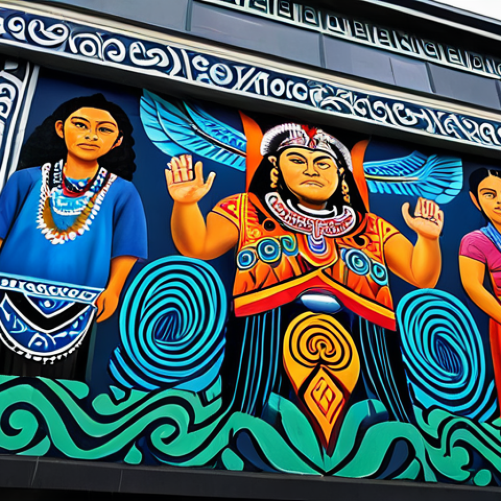 **

"A vibrant mural depicting Maori mythology blended with modern digital art, displayed on a building in Auckland, fully clothed people admiring it, appropriate content, safe for work, perfect anatomy, natural proportions, family-friendly, professional quality, well-formed hands, proper finger count, natural body proportions, modest clothing."

**