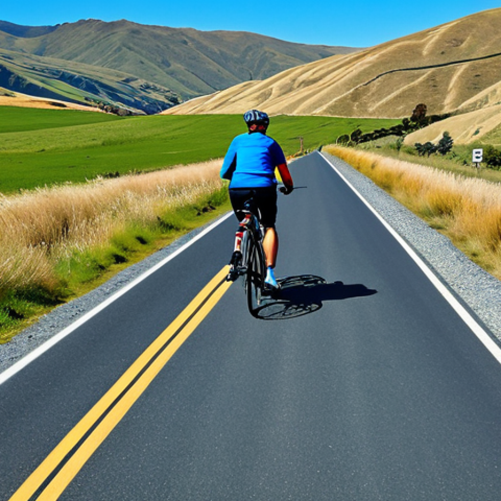 **

A cyclist, fully clothed in appropriate outdoor gear, riding a bicycle on the Otago Central Rail Trail in New Zealand. The landscape features rolling hills and clear blue skies. Safe for work, appropriate content, modest clothing, perfect anatomy, natural proportions, professional photography, high quality.

**