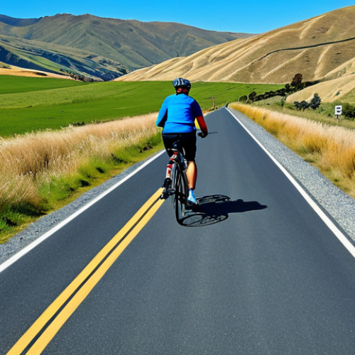 **

A cyclist, fully clothed in appropriate outdoor gear, riding a bicycle on the Otago Central Rail Trail in New Zealand. The landscape features rolling hills and clear blue skies. Safe for work, appropriate content, modest clothing, perfect anatomy, natural proportions, professional photography, high quality.

**