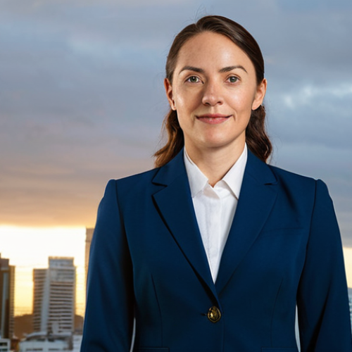**

A professional businesswoman in a modest navy blue suit, standing confidently in front of the Auckland skyline at sunrise, fully clothed, appropriate attire, safe for work, perfect anatomy, natural proportions, professional corporate photography, high quality, bright lighting.

**