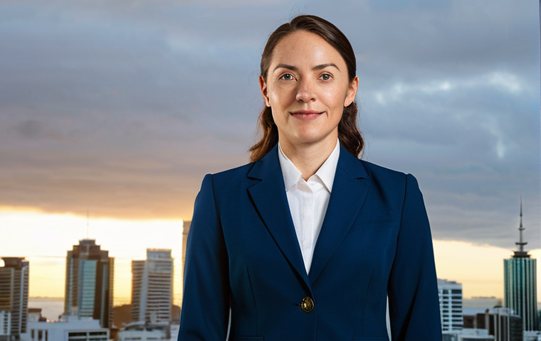 **

A professional businesswoman in a modest navy blue suit, standing confidently in front of the Auckland skyline at sunrise, fully clothed, appropriate attire, safe for work, perfect anatomy, natural proportions, professional corporate photography, high quality, bright lighting.

**